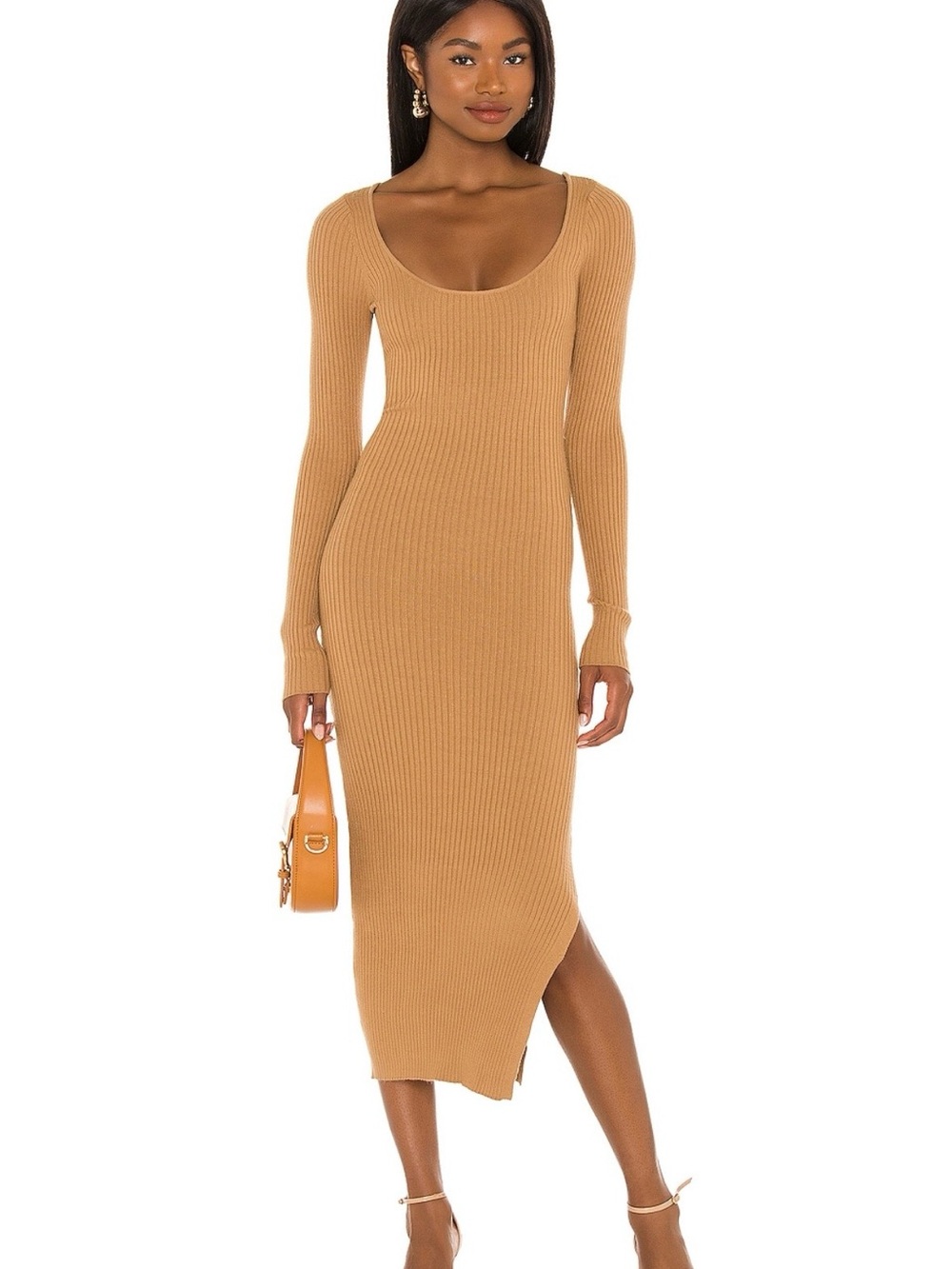 L'Academie Ribbed Scoop-Neck Stretch Long Sleeve Midi Sweater Dress - Camel/Tan